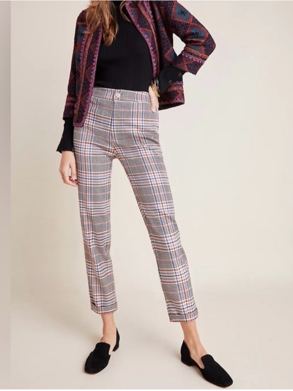 Anthropologie Neutral Plaid Ankle Pants with Subtle Pink & Blue Lines